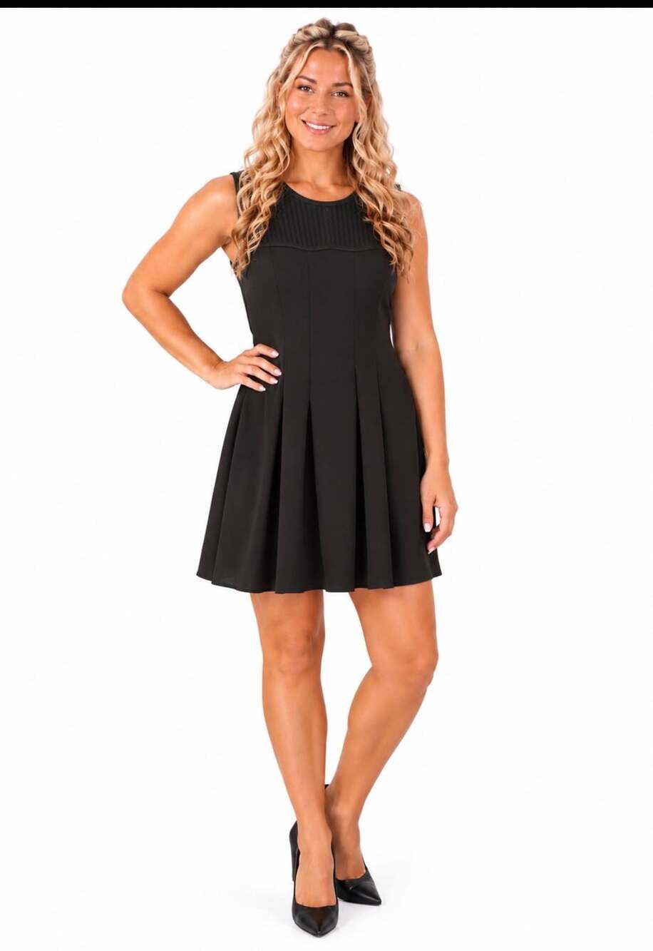 Sans Souci Black Mesh Yoke Pleated Fit and Flare Mini Dress, Sz S